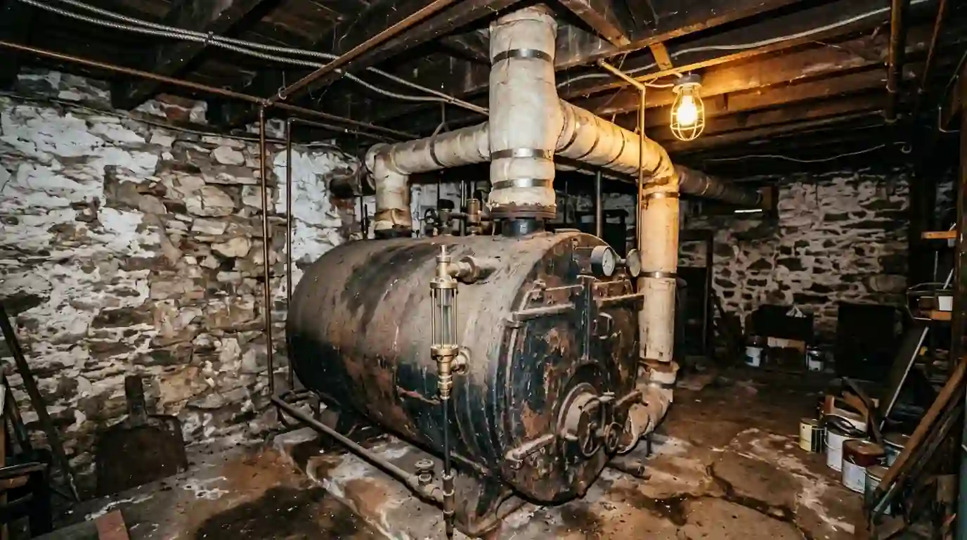 Steam boiler with a water gauge glass in a rowhome basement