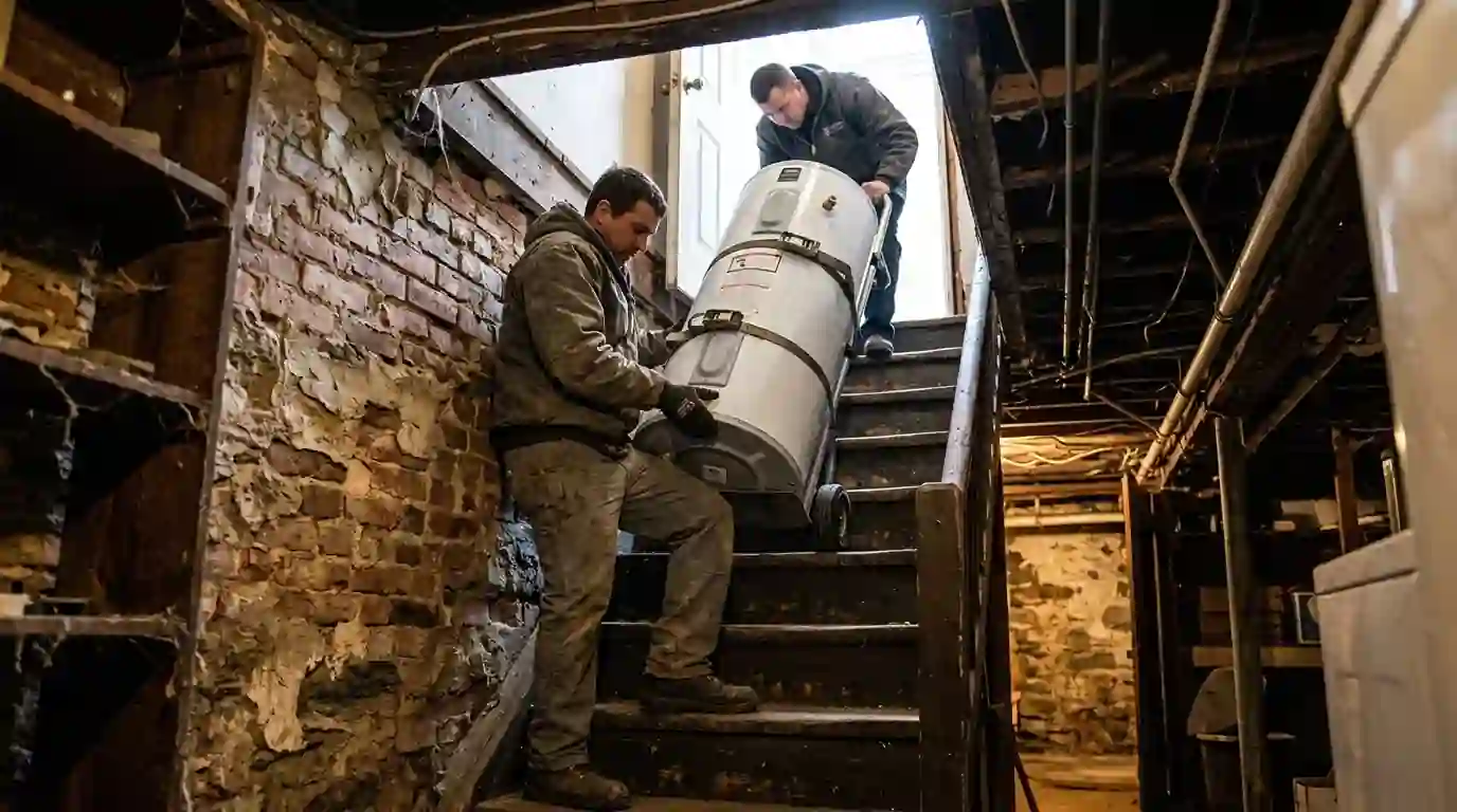 Carrying a new water heater into a rowhome basement