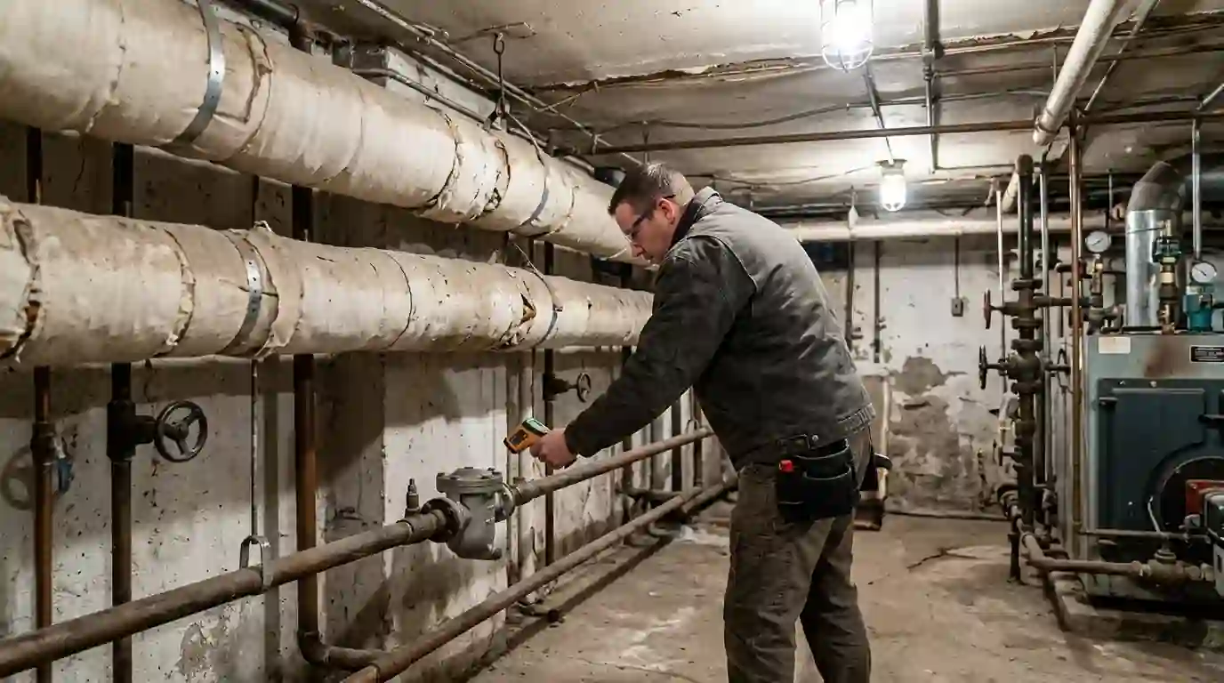 Testing a steam trap in a church boiler room