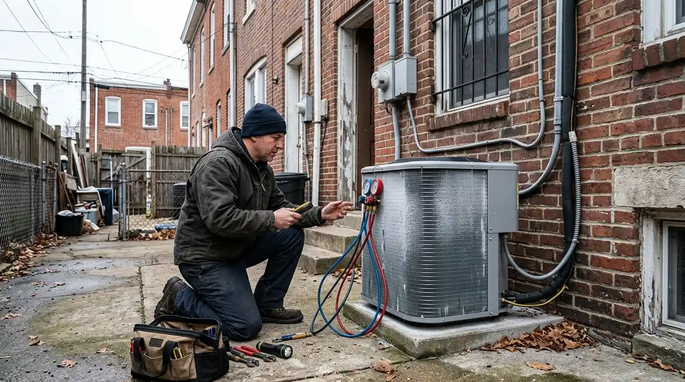 Technician checking a heat pump behind a Packer Park townhouse