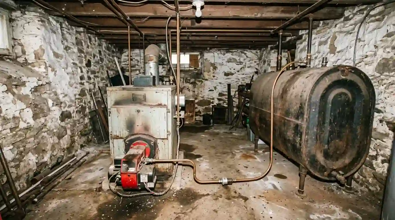 Oil-fired boiler and tank in a basement before a gas conversion