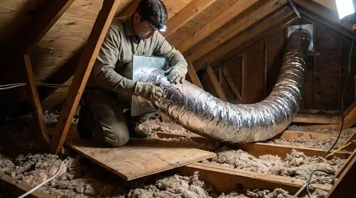 Exhaust fan duct routed to a roof vent