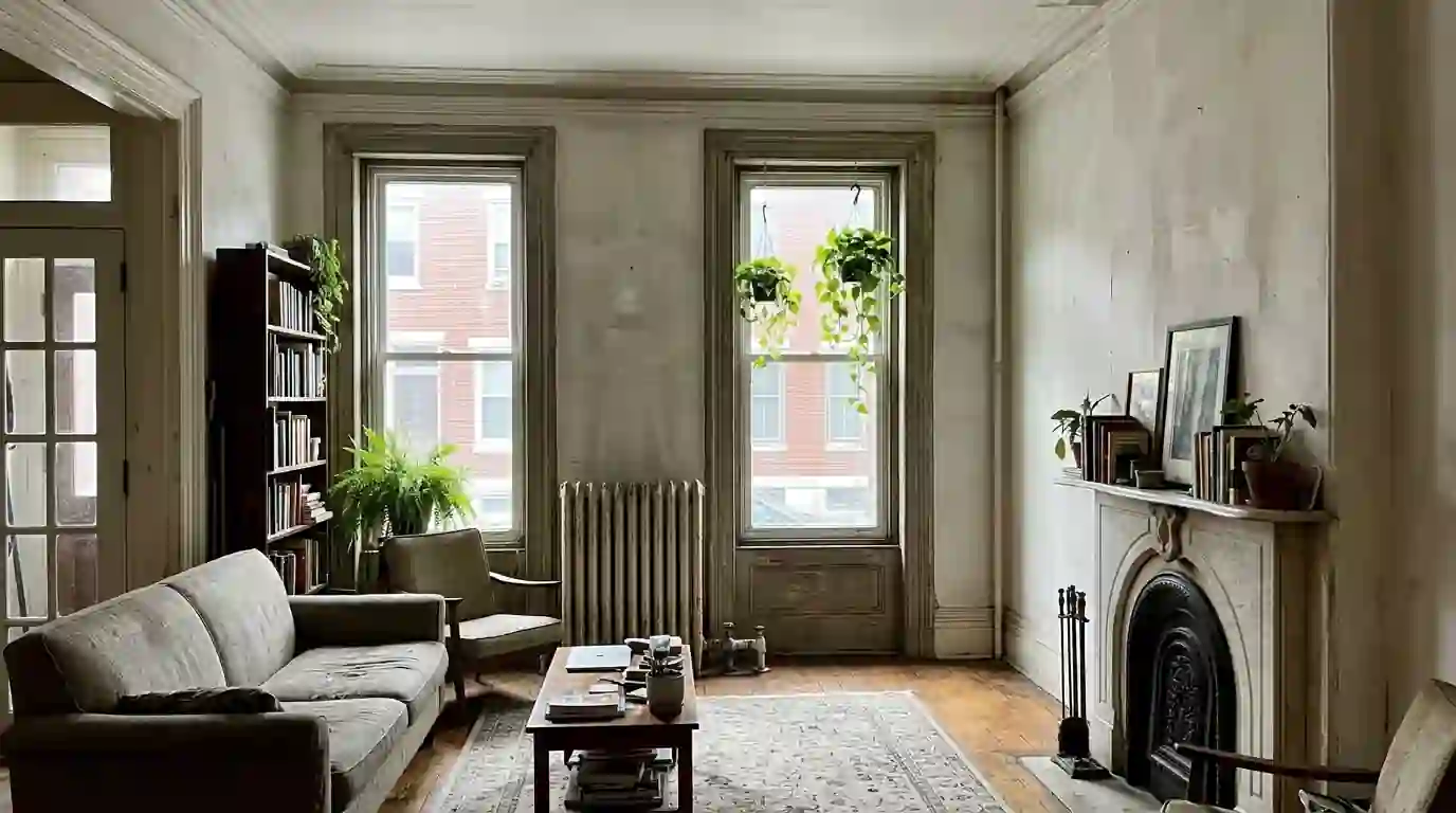 Plaster-walled rowhome room heated by a radiator, with no ductwork