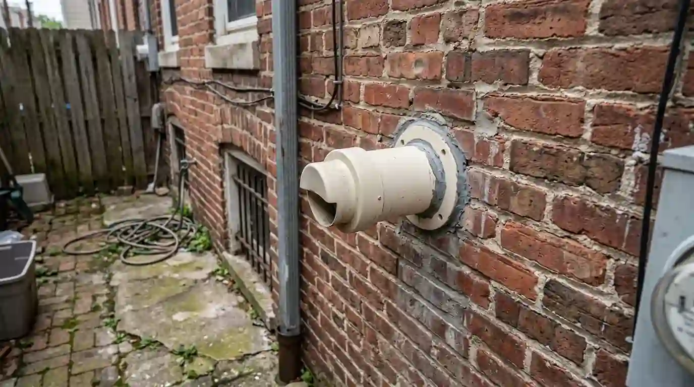 Tankless vent cap on a row house rear wall