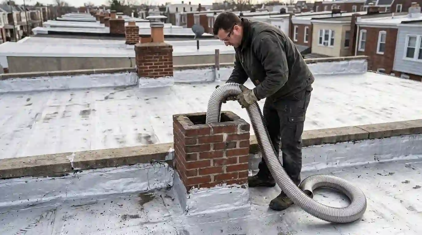 Stainless liner being lowered into a rowhome chimney
