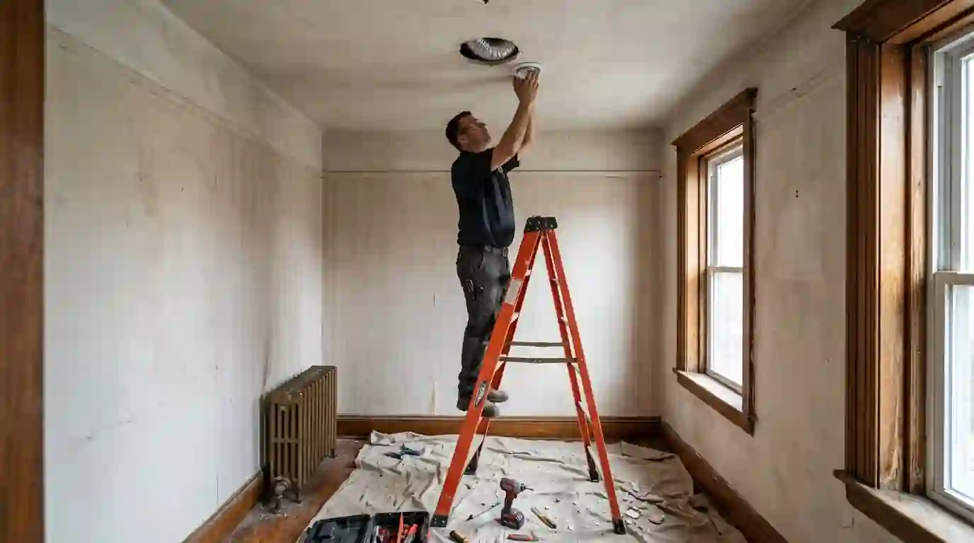 Technician installing a small-duct AC outlet in a Queen Village bedroom